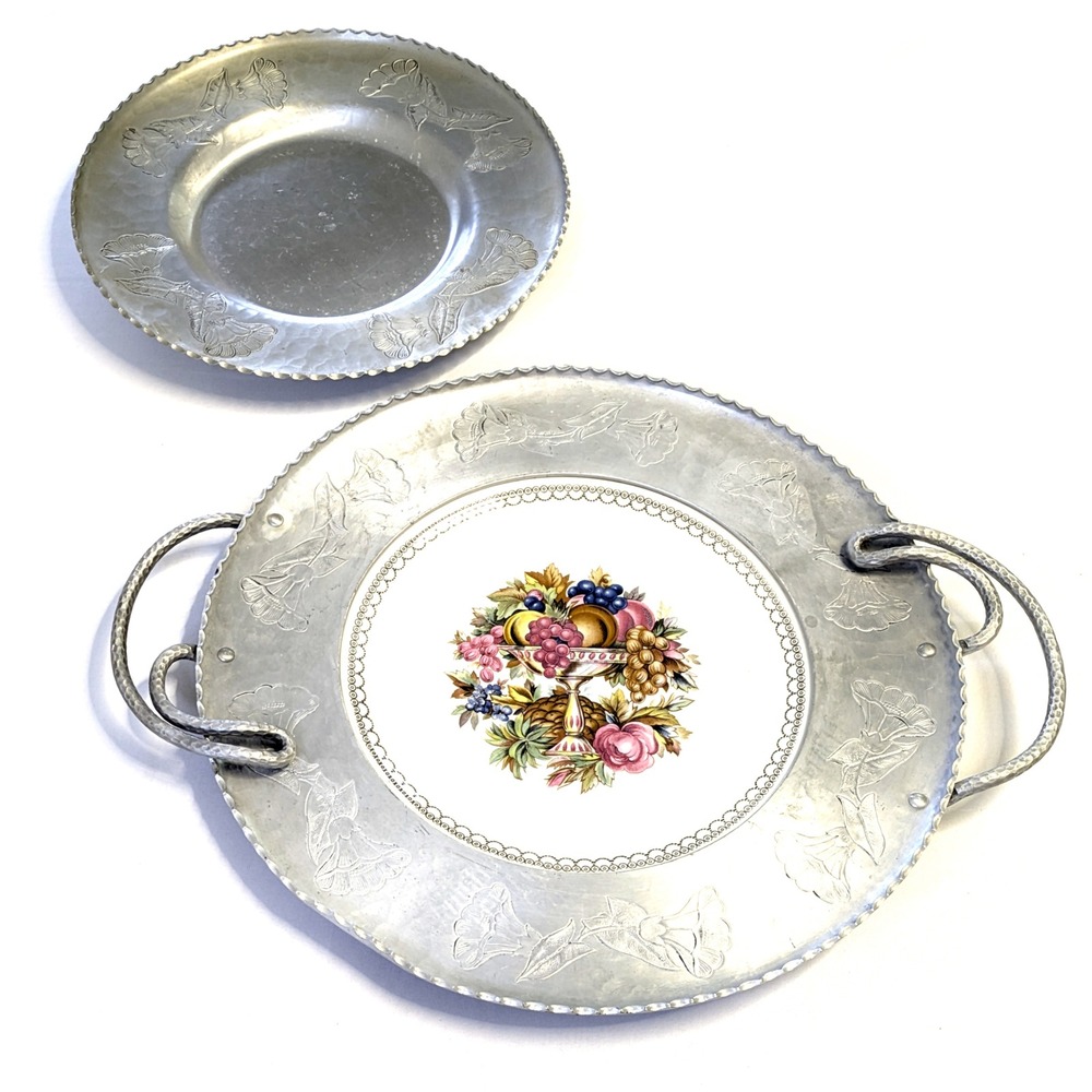 VTG Farberware Wrought Aluminum Tray Set Triumph Limoges Fruit 22K White Gold